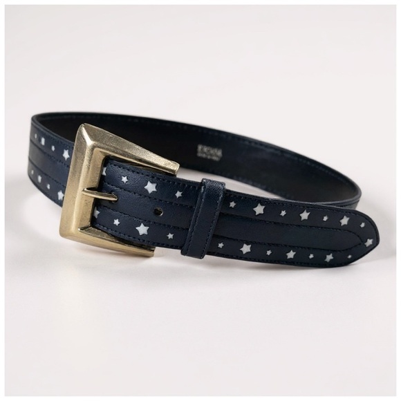 Escada Women’s Navy Leather Belt w/ White Stars & Silver Buckle. 33” x 1.5” - Picture 5 of 13